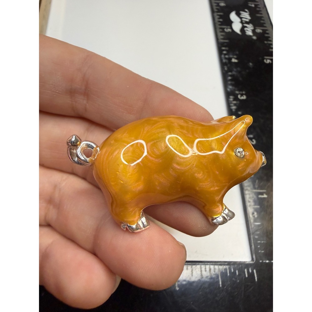 Investments Orange Enamel Pig Brooch Silver Tone Rhinestone Eye Animal Pin